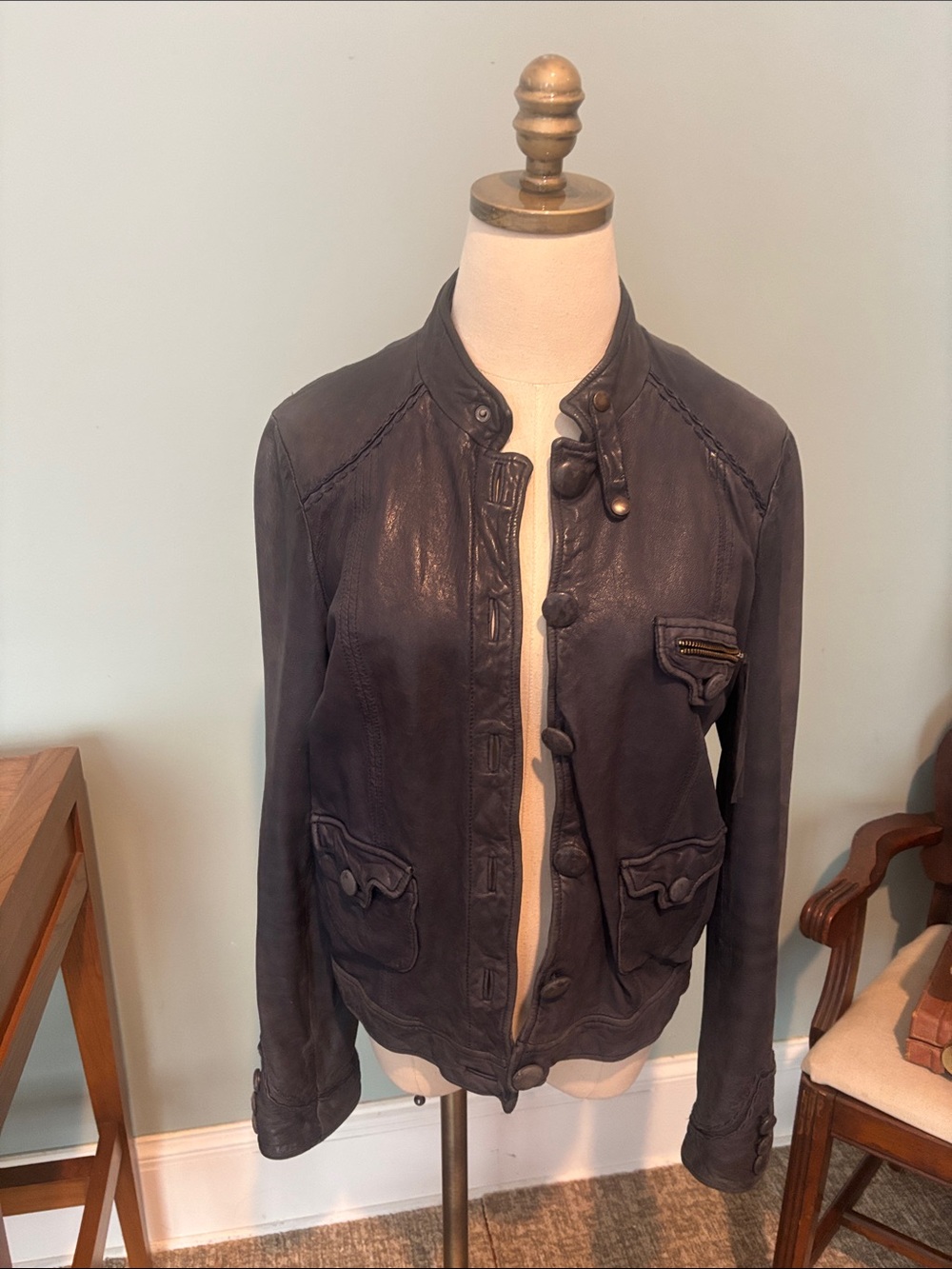 Whistles Vintage moto biker dark gray Leather Button-Front Jacket